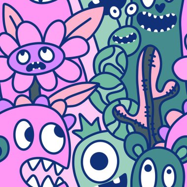 Çizgi filmlerde cadılar bayramı uzaylıları, kağıt, kumaş, çarşaf, çocuk kıyafetleri ve parti aksesuarları için kusursuz canavar desenleri çizerler. Yüksek kaliteli illüstrasyon