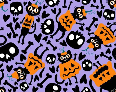 Cadılar Bayramı hayvanları, kağıt, kumaş, çarşaf, çocuk kıyafetleri ve parti aksesuarları için kusursuz kediler ve balkabağı desenleri. Yüksek kaliteli illüstrasyon