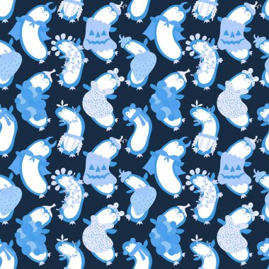 Çizgi filmlerdeki hayvanlar, karnaval, dikişsiz penguenler, balkabakları, kurbağalar ve kağıt ve kumaşlar için çilek deseni, çocuk giysileri baskısı ve parti aksesuarları. Yüksek kaliteli illüstrasyon