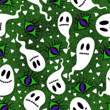 Cadılar Bayramı hayaletleri kağıt, kumaş, çarşaf ve çocuk giysileri baskısı, ambalaj ve şenlikli aksesuarlar için kusursuz çizgi film desenleri. Yüksek kaliteli illüstrasyon
