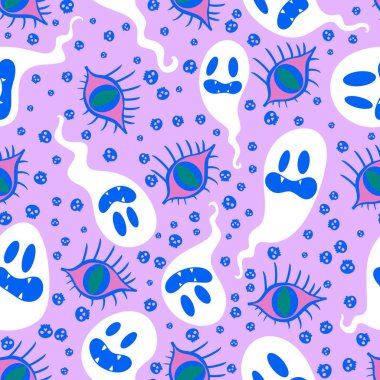 Cadılar Bayramı hayaletleri kağıt, kumaş, çarşaf ve çocuk giysileri baskısı, ambalaj ve şenlikli aksesuarlar için kusursuz çizgi film desenleri. Yüksek kaliteli illüstrasyon