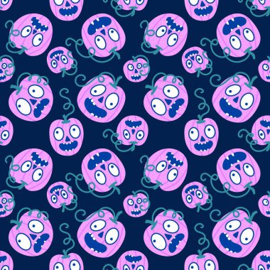 Cadılar Bayramı balkabakları kağıt, kumaş, çarşaf, çocuk giysisi baskısı, şenlik ambalajı ve sonbahar partisi aksesuarları için kusursuz canavar desenleri. Yüksek kaliteli illüstrasyon