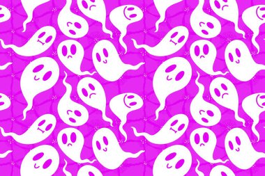 Cadılar Bayramı hayaletleri kağıt, kumaş, çarşaf ve çocuk giysileri baskısı, ambalaj ve şenlikli aksesuarlar için kusursuz çizgi film desenleri. Yüksek kaliteli illüstrasyon