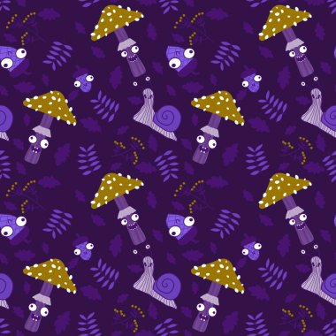 Çizgi sonbahar karikatürleri kağıt, kumaş, çarşaf ve çocuk giysileri tekstil ve parti aksesuarları için dikişsiz mantar desenleri. Yüksek kaliteli illüstrasyon