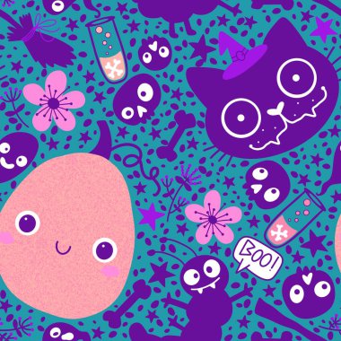 Cadılar Bayramı balkabakları kağıt, kumaş, çarşaf, çocuk giysisi baskısı, şenlik ambalajı ve sonbahar partisi aksesuarları için kusursuz canavar desenleri. Yüksek kaliteli illüstrasyon