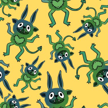 Çizgi film canavarları kağıt, kumaş, çarşaf ve çocuk giysileri baskısı ve Cadılar Bayramı ambalajları için kusursuz desenler. Yüksek kaliteli illüstrasyon