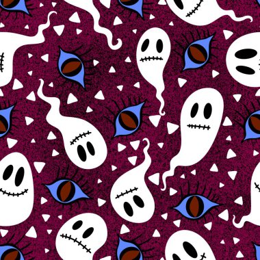 Cadılar Bayramı hayaletleri kağıt, kumaş, çarşaf ve çocuk giysileri baskısı, ambalaj ve şenlikli aksesuarlar için kusursuz çizgi film desenleri. Yüksek kaliteli illüstrasyon