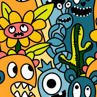 Çizgi filmlerde cadılar bayramı uzaylıları, kağıt, kumaş, çarşaf, çocuk kıyafetleri ve parti aksesuarları için kusursuz canavar desenleri çizerler. Yüksek kaliteli illüstrasyon