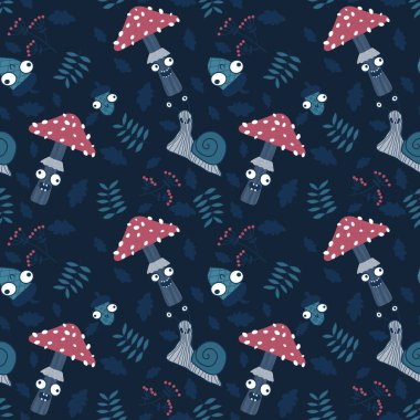 Çizgi sonbahar karikatürleri kağıt, kumaş, çarşaf ve çocuk giysileri tekstil ve parti aksesuarları için dikişsiz mantar desenleri. Yüksek kaliteli illüstrasyon