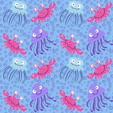 Yaz hayvanları kağıt, kumaş, çarşaf ve parti aksesuarları için dikişsiz yengeç ve denizanası desenleri basar. Yüksek kaliteli illüstrasyon