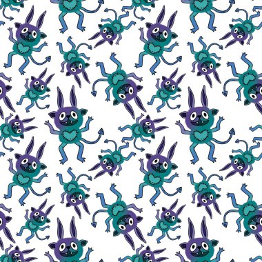 Çizgi film canavarları kağıt, kumaş, çarşaf ve çocuk giysileri baskısı ve Cadılar Bayramı ambalajları için kusursuz desenler. Yüksek kaliteli illüstrasyon