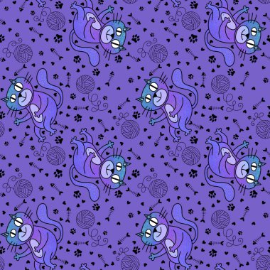 Çizgi film hayvanları kağıt, kumaş, çarşaf, çocuk giysisi baskısı ve parti aksesuarları için kusursuz kedi desenleri. Yüksek kaliteli illüstrasyon