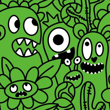 Çizgi filmlerde cadılar bayramı uzaylıları, kağıt, kumaş, çarşaf, çocuk kıyafetleri ve parti aksesuarları için kusursuz canavar desenleri çizerler. Yüksek kaliteli illüstrasyon