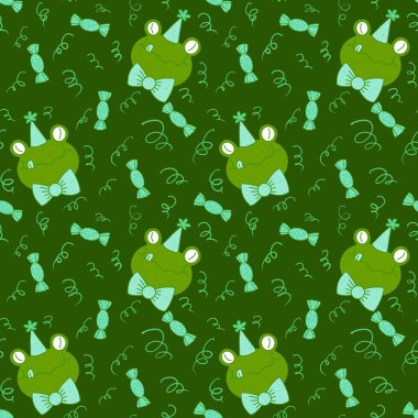 Çizgi filmlerdeki kusursuz kurbağa desenleri kağıt, kumaş, çarşaf, çocuk giysisi baskısı, şenlik ambalajı ve parti aksesuarları için. Yüksek kaliteli illüstrasyon