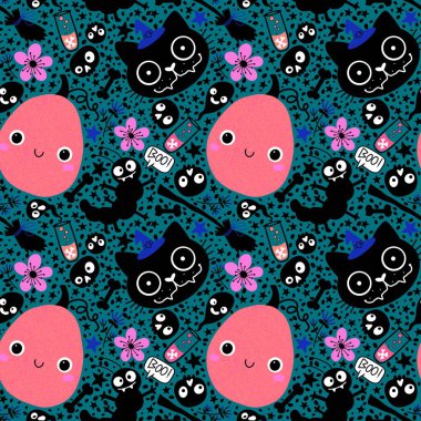 Cadılar Bayramı balkabakları kağıt, kumaş, çarşaf, çocuk giysisi baskısı, şenlik ambalajı ve sonbahar partisi aksesuarları için kusursuz canavar desenleri. Yüksek kaliteli illüstrasyon