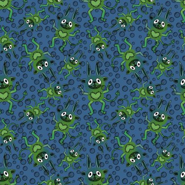 Çizgi film canavarları kağıt, kumaş, çarşaf ve çocuk giysileri baskısı ve Cadılar Bayramı ambalajları için kusursuz desenler. Yüksek kaliteli illüstrasyon