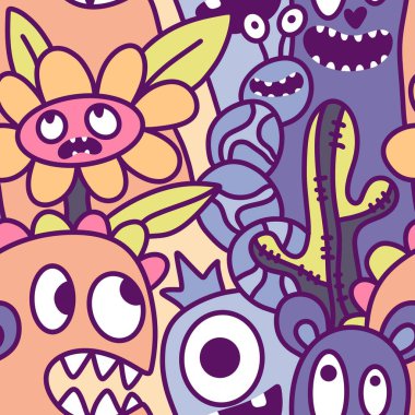 Çizgi filmlerde cadılar bayramı uzaylıları, kağıt, kumaş, çarşaf, çocuk kıyafetleri ve parti aksesuarları için kusursuz canavar desenleri çizerler. Yüksek kaliteli illüstrasyon