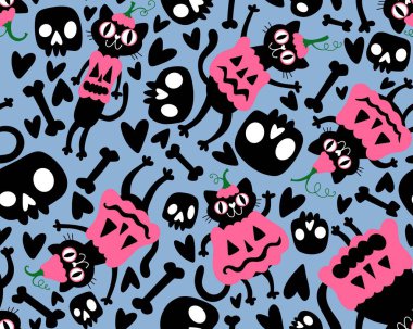 Cadılar Bayramı hayvanları, kağıt, kumaş, çarşaf, çocuk kıyafetleri ve parti aksesuarları için kusursuz kediler ve balkabağı desenleri. Yüksek kaliteli illüstrasyon