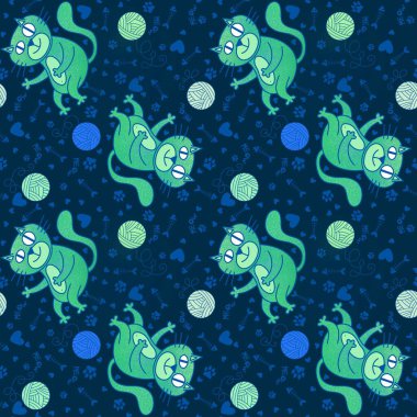 Çizgi film hayvanları kağıt, kumaş, çarşaf, çocuk giysisi baskısı ve parti aksesuarları için kusursuz kedi desenleri. Yüksek kaliteli illüstrasyon