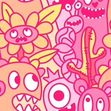 Çizgi filmlerde cadılar bayramı uzaylıları, kağıt, kumaş, çarşaf, çocuk kıyafetleri ve parti aksesuarları için kusursuz canavar desenleri çizerler. Yüksek kaliteli illüstrasyon