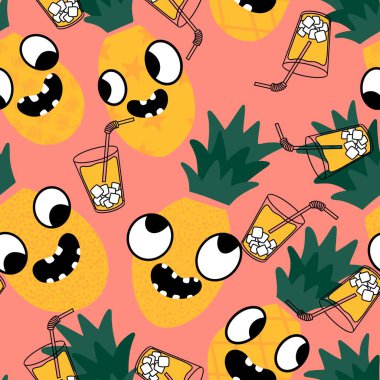 Karikatür yaz baskısı kağıt, kumaş, çarşaf, çocuk kıyafetleri, parti aksesuarları ve anaokulu tekstili için dikişsiz ananas deseni. Yüksek kaliteli illüstrasyon