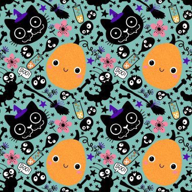 Cadılar Bayramı balkabakları kağıt, kumaş, çarşaf, çocuk giysisi baskısı, şenlik ambalajı ve sonbahar partisi aksesuarları için kusursuz canavar desenleri. Yüksek kaliteli illüstrasyon