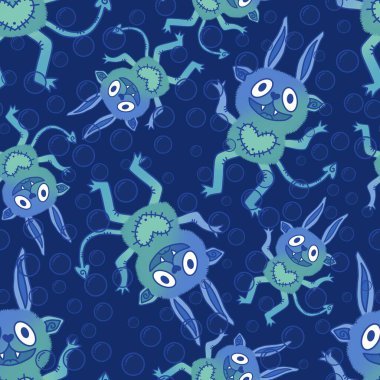 Çizgi film canavarları kağıt, kumaş, çarşaf ve çocuk giysileri baskısı ve Cadılar Bayramı ambalajları için kusursuz desenler. Yüksek kaliteli illüstrasyon