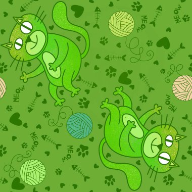 Çizgi film hayvanları kağıt, kumaş, çarşaf, çocuk giysisi baskısı ve parti aksesuarları için kusursuz kedi desenleri. Yüksek kaliteli illüstrasyon