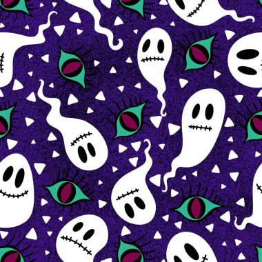 Cadılar Bayramı hayaletleri kağıt, kumaş, çarşaf ve çocuk giysileri baskısı, ambalaj ve şenlikli aksesuarlar için kusursuz çizgi film desenleri. Yüksek kaliteli illüstrasyon