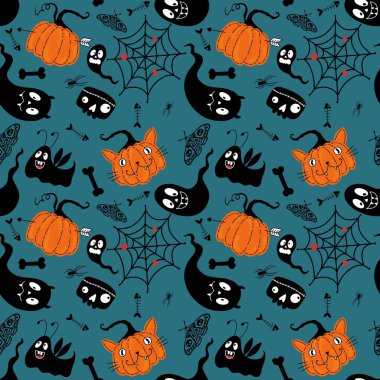 Cadılar Bayramı balkabakları kağıt, kumaş, çarşaf, çocuk giysisi baskısı, şenlik ambalajı ve sonbahar partisi aksesuarları için kusursuz canavar desenleri. Yüksek kaliteli illüstrasyon