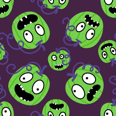 Cadılar Bayramı balkabakları kağıt, kumaş, çarşaf, çocuk giysisi baskısı, şenlik ambalajı ve sonbahar partisi aksesuarları için kusursuz canavar desenleri. Yüksek kaliteli illüstrasyon