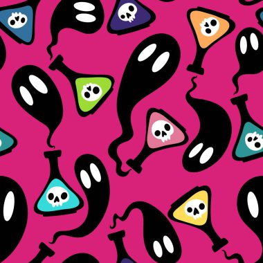 Cadılar Bayramı çizgi filminin kusursuz zehir şişesi ve paketleme kağıdı, kumaş, çarşaf ve çocuk kıyafetleri ve parti aksesuarları için hayalet deseni. Yüksek kaliteli illüstrasyon