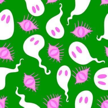 Cadılar Bayramı hayaletleri kağıt, kumaş, çarşaf ve çocuk giysileri baskısı, ambalaj ve şenlikli aksesuarlar için kusursuz çizgi film desenleri. Yüksek kaliteli illüstrasyon