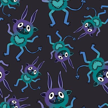 Çizgi film canavarları kağıt, kumaş, çarşaf ve çocuk giysileri baskısı ve Cadılar Bayramı ambalajları için kusursuz desenler. Yüksek kaliteli illüstrasyon