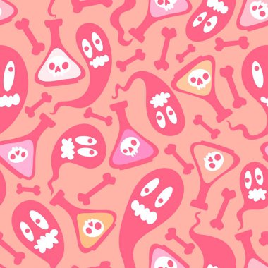 Cadılar Bayramı çizgi filminin kusursuz zehir şişesi ve paketleme kağıdı, kumaş, çarşaf ve çocuk kıyafetleri ve parti aksesuarları için hayalet deseni. Yüksek kaliteli illüstrasyon