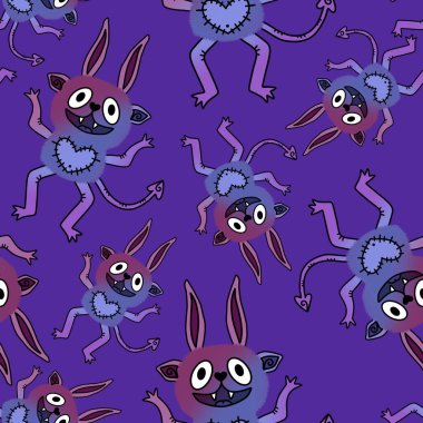 Çizgi film canavarları kağıt, kumaş, çarşaf ve çocuk giysileri baskısı ve Cadılar Bayramı ambalajları için kusursuz desenler. Yüksek kaliteli illüstrasyon