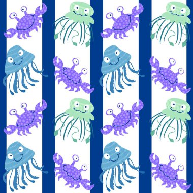 Yaz hayvanları kağıt, kumaş, çarşaf ve parti aksesuarları için dikişsiz yengeç ve denizanası desenleri basar. Yüksek kaliteli illüstrasyon