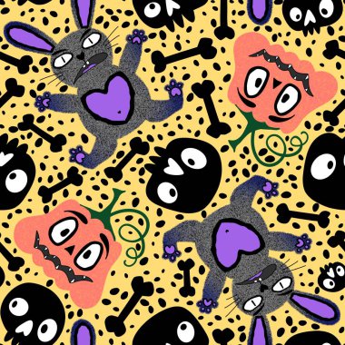 Cadılar Bayramı canavarları dikişsiz tavşanlar, balkabakları ve kafatası desenleri kağıt, kumaş, çarşaf ve çocuk giysileri baskısı ve sonbahar partisi aksesuarları için. Yüksek kaliteli illüstrasyon