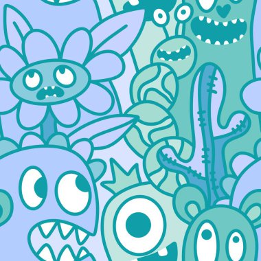 Çizgi filmlerde cadılar bayramı uzaylıları, kağıt, kumaş, çarşaf, çocuk kıyafetleri ve parti aksesuarları için kusursuz canavar desenleri çizerler. Yüksek kaliteli illüstrasyon