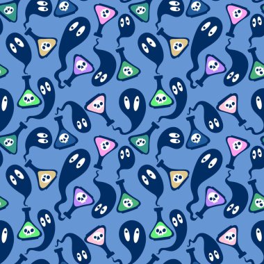 Cadılar Bayramı çizgi filminin kusursuz zehir şişesi ve paketleme kağıdı, kumaş, çarşaf ve çocuk kıyafetleri ve parti aksesuarları için hayalet deseni. Yüksek kaliteli illüstrasyon