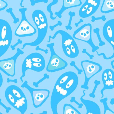 Cadılar Bayramı çizgi filminin kusursuz zehir şişesi ve paketleme kağıdı, kumaş, çarşaf ve çocuk kıyafetleri ve parti aksesuarları için hayalet deseni. Yüksek kaliteli illüstrasyon