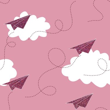 Karikatür yaz baskısı, kağıt, kumaş, çarşaf, çocuk kıyafetleri ve parti aksesuarları için pürüzsüz kağıt uçak ve bulut deseni. Yüksek kaliteli illüstrasyon
