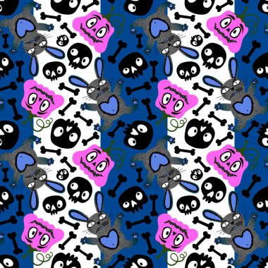 Cadılar Bayramı canavarları dikişsiz tavşanlar, balkabakları ve kafatası desenleri kağıt, kumaş, çarşaf ve çocuk giysileri baskısı ve sonbahar partisi aksesuarları için. Yüksek kaliteli illüstrasyon