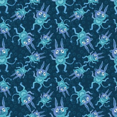 Çizgi film canavarları kağıt, kumaş, çarşaf ve çocuk giysileri baskısı ve Cadılar Bayramı ambalajları için kusursuz desenler. Yüksek kaliteli illüstrasyon