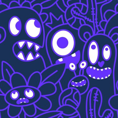 Çizgi filmlerde cadılar bayramı uzaylıları, kağıt, kumaş, çarşaf, çocuk kıyafetleri ve parti aksesuarları için kusursuz canavar desenleri çizerler. Yüksek kaliteli illüstrasyon