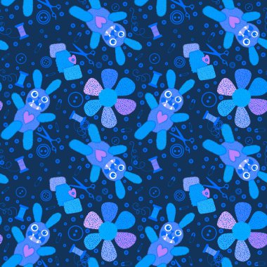 Çizgi film dikiş hobileri dikişsiz tavşan oyuncakları, çiçek düğmeleri, makas desenleri kağıt, kumaş, çarşaf ve çocuk giysileri baskıları. Yüksek kaliteli illüstrasyon