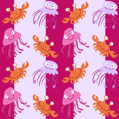 Yaz hayvanları kağıt, kumaş, çarşaf ve parti aksesuarları için dikişsiz yengeç ve denizanası desenleri basar. Yüksek kaliteli illüstrasyon