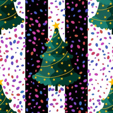 Kağıt, kumaş, çarşaf ve çocuk kıyafetleri ve parti aksesuarları için noel ağacı desensiz çizgi film deseni. Yüksek kaliteli illüstrasyon