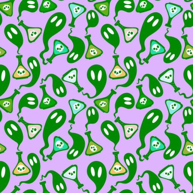 Cadılar Bayramı çizgi filminin kusursuz zehir şişesi ve paketleme kağıdı, kumaş, çarşaf ve çocuk kıyafetleri ve parti aksesuarları için hayalet deseni. Yüksek kaliteli illüstrasyon