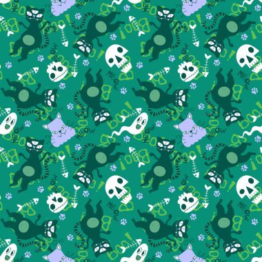 Cadılar Bayramı hayvanları, kağıt, kumaş, çarşaf, çocuk kıyafetleri ve parti aksesuarları için kusursuz kediler ve balkabağı desenleri. Yüksek kaliteli illüstrasyon